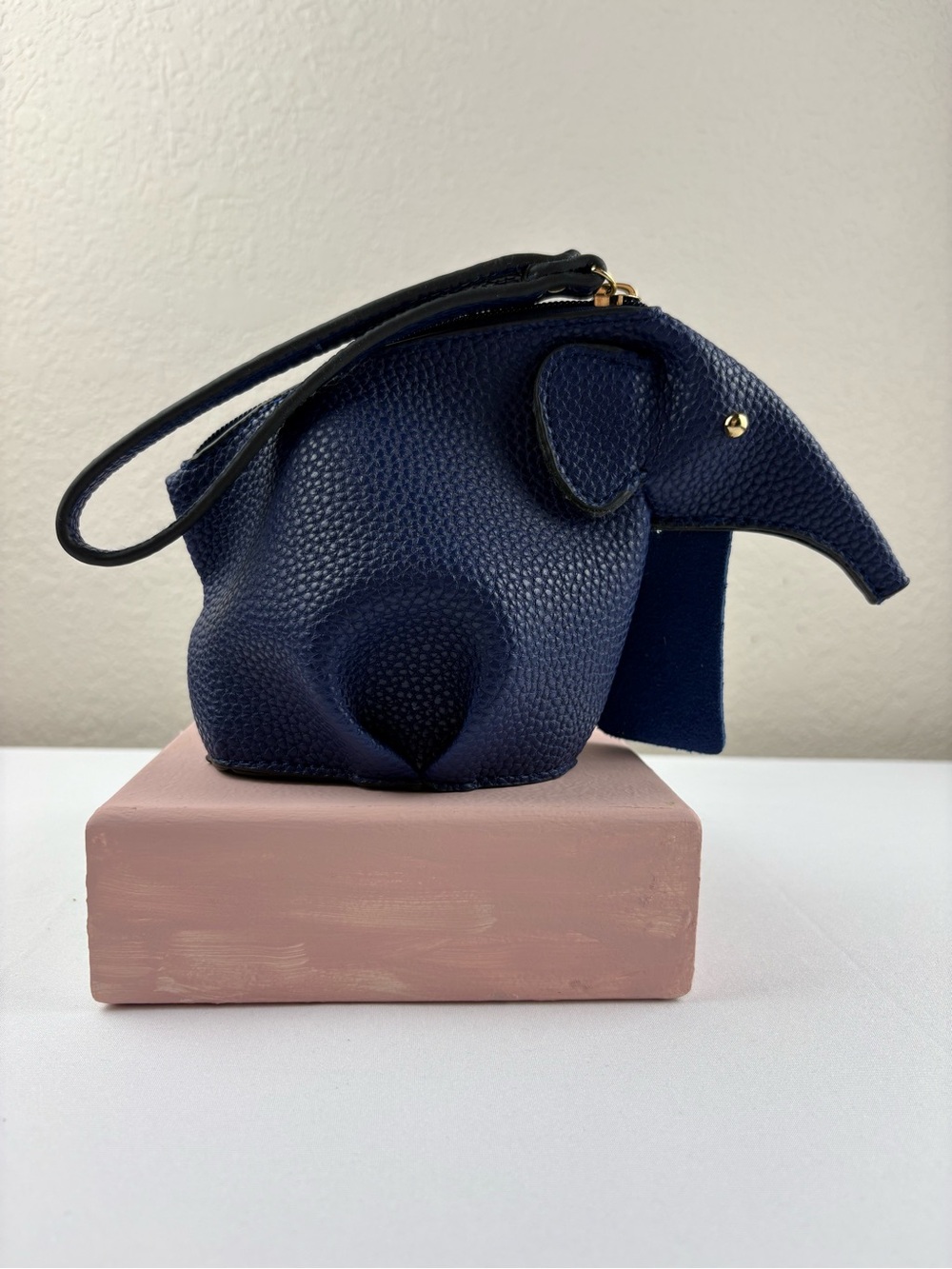 Le Miel Navy Blue Vegan Elephant Soft-Touch Faux Pebbled Leather Wristlet.